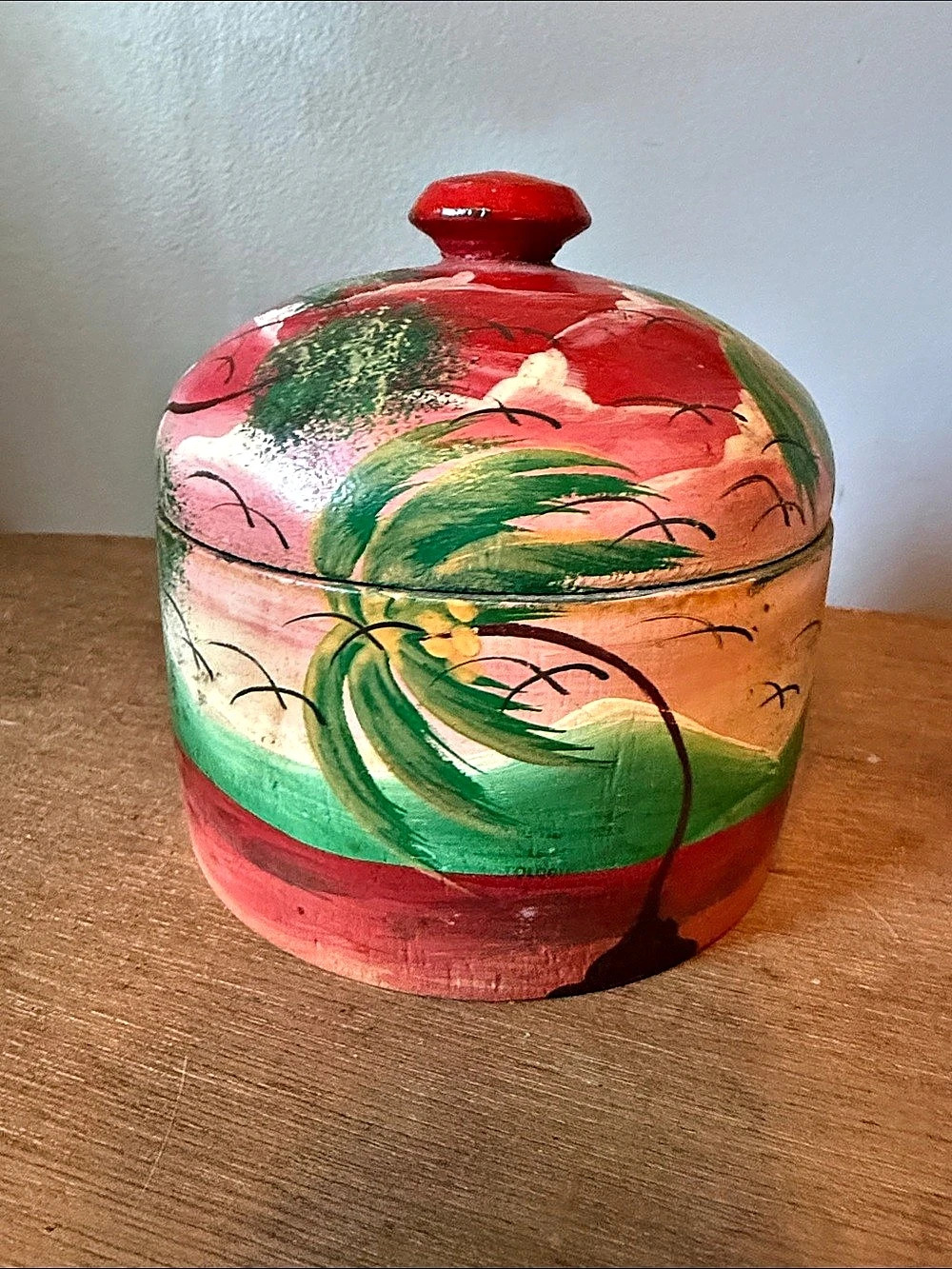 Vintage Hand-Painted Tropical Sunset Lacquerware Trinket Box with Lid